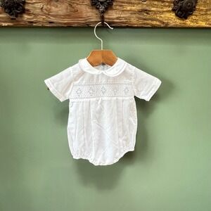 Feltman Brothers Vintage White Smocked Bubble Romper Blue Embroidery 6M